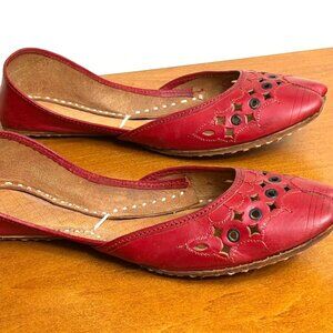 Womens Red Leather Slip On Flats Size 38 Bohemian Cut Out Ethnic Pointed Toe